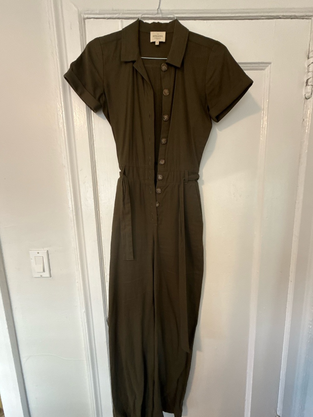 Sezane Dark Olive Button-Front Short-Sleeve Jumpsuit